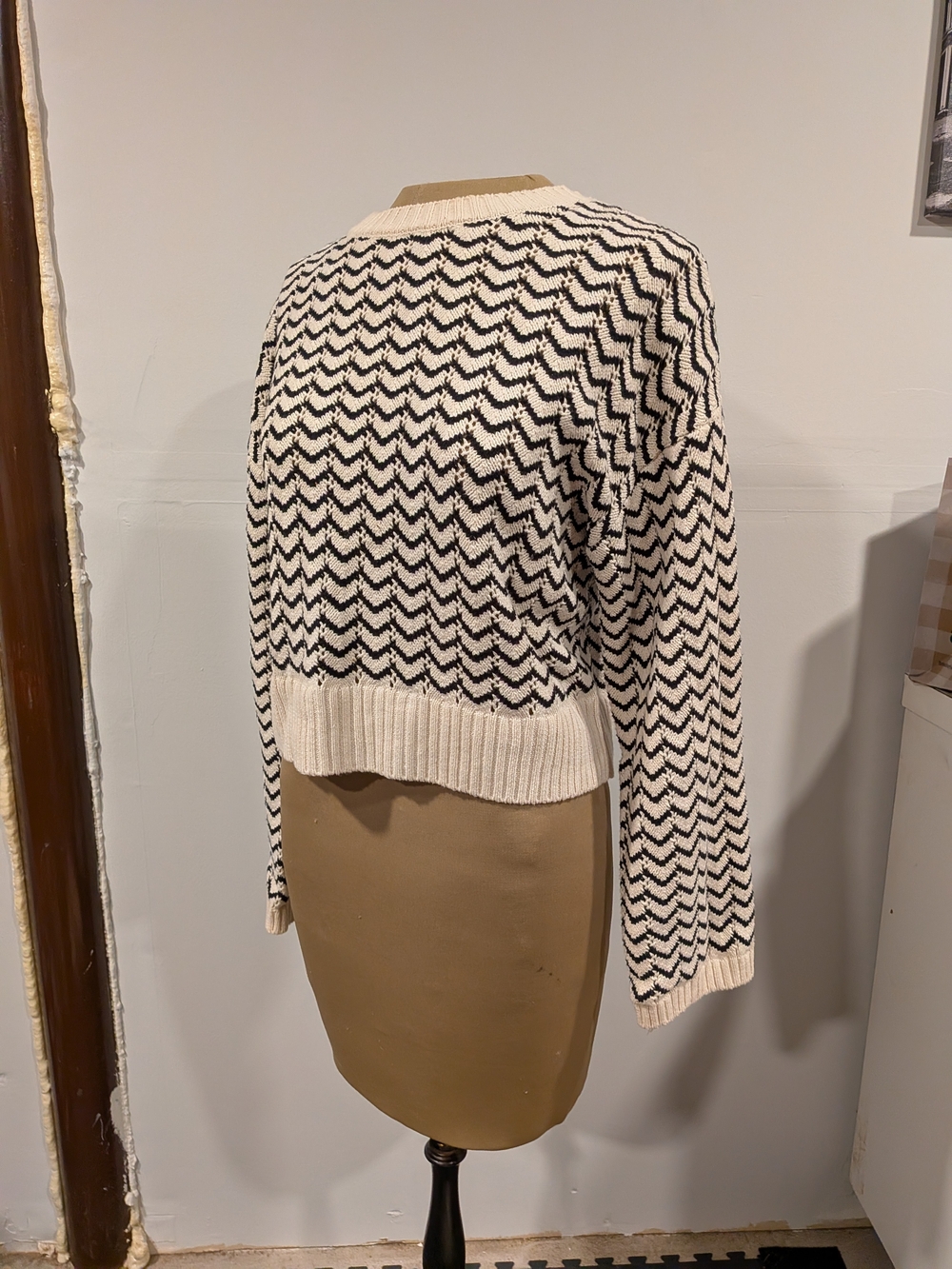 Marled Cream and Black Chevron Knit Sweater